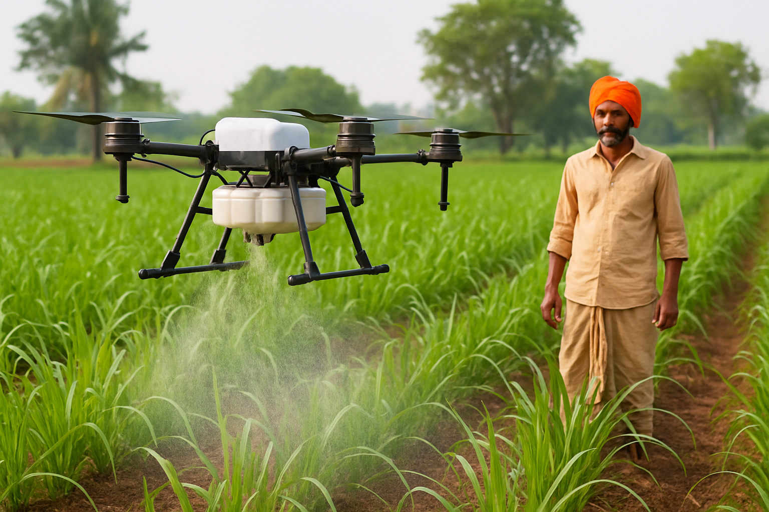 Affordable UAV spraying crops in an Indian farm