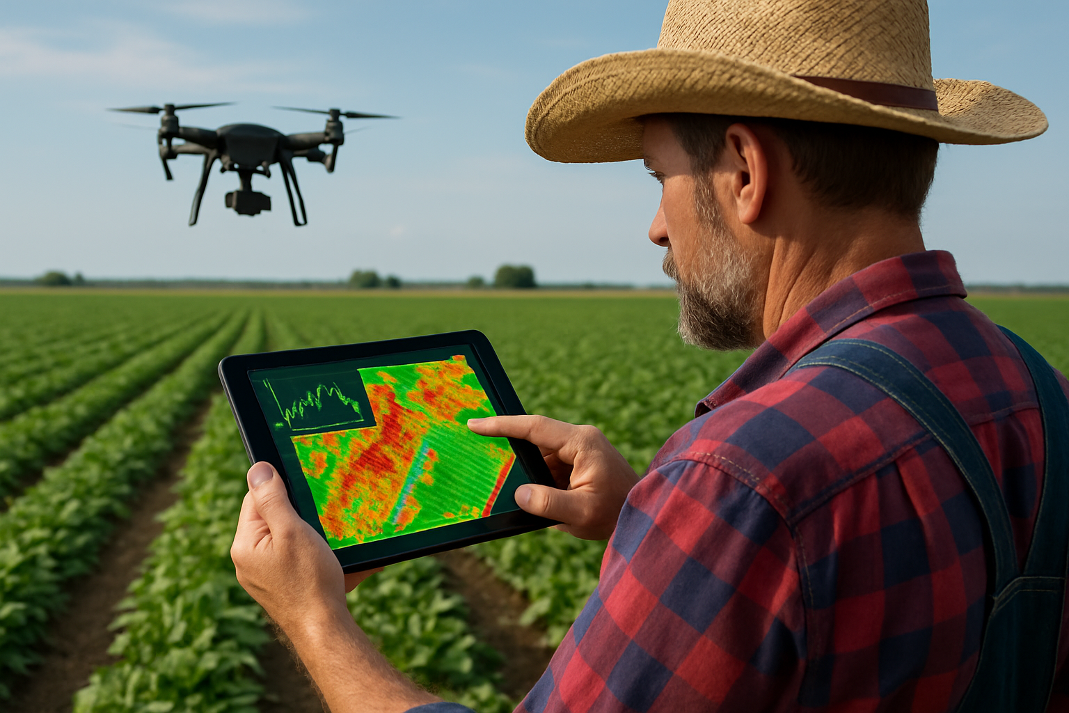 Farmer monitoring crop health using drone data on a tablet