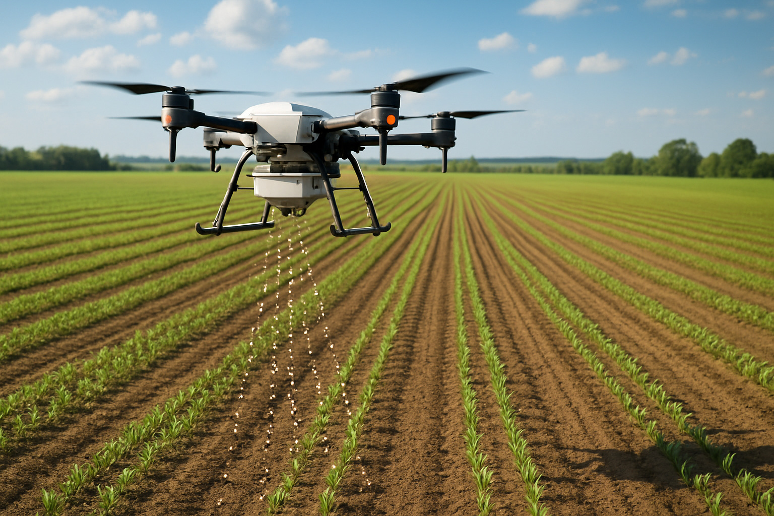 UAV drone performing automated seeding over a large field